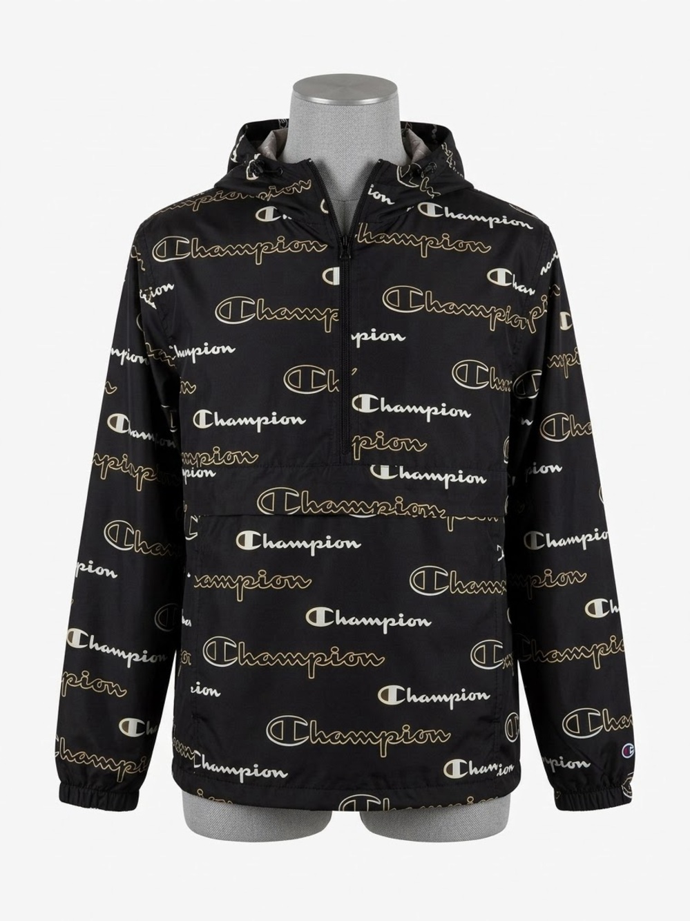Champion Black Pullover Windbreaker with Cream Logo Print